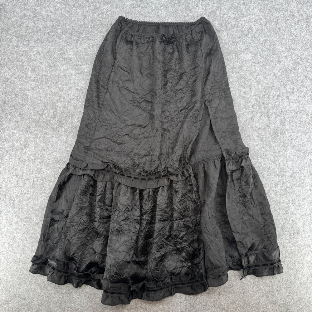 Unbranded Maxi Skirt Womens S Black Crinkle Tiered Lace Trim Ruffle EUC